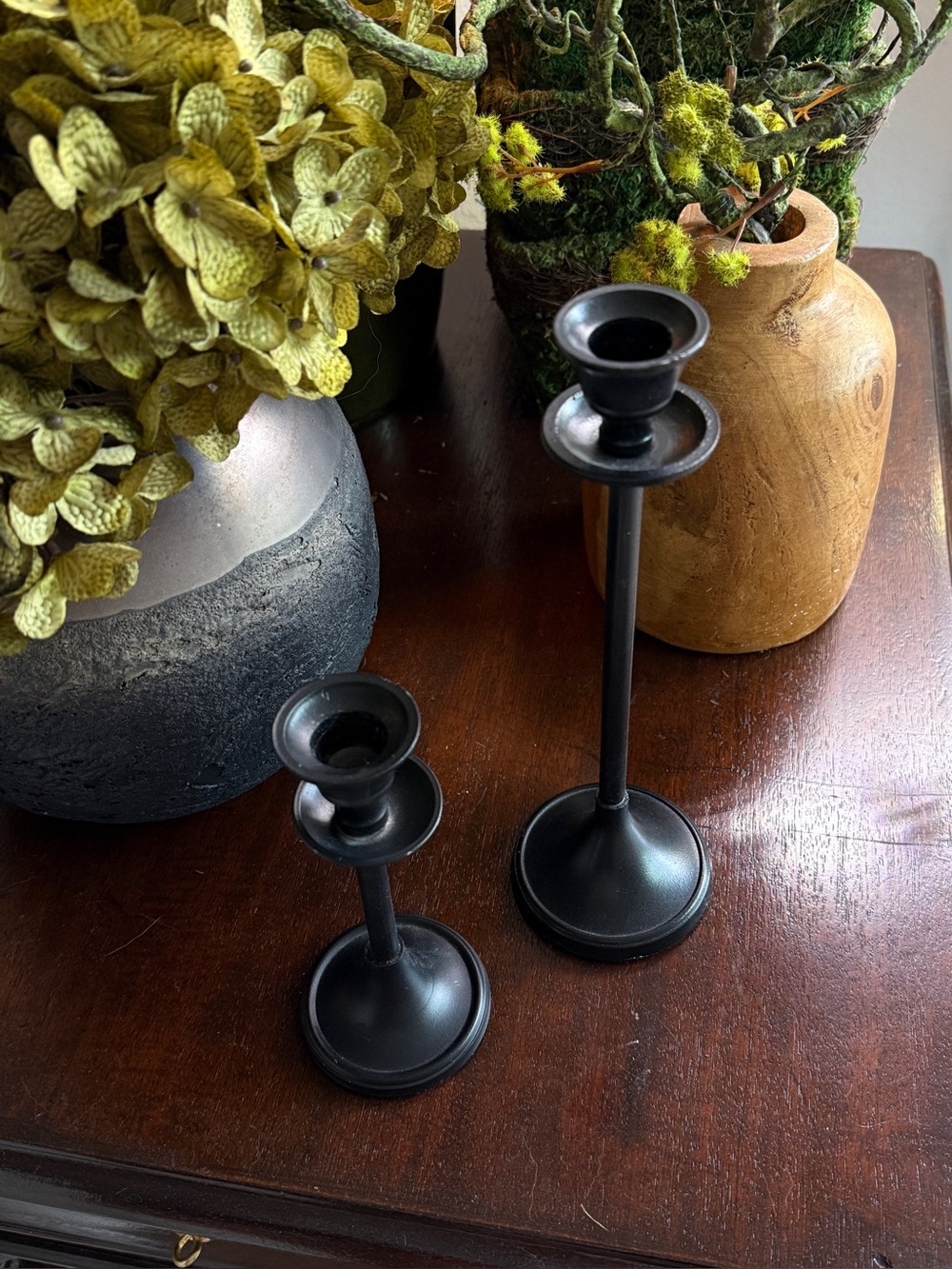Set of Two Matte Black Metal Candlesticks